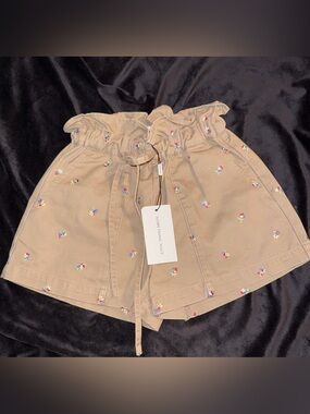 The Something Navy tan floral-embroidered paperbag waist shorts size Xxs